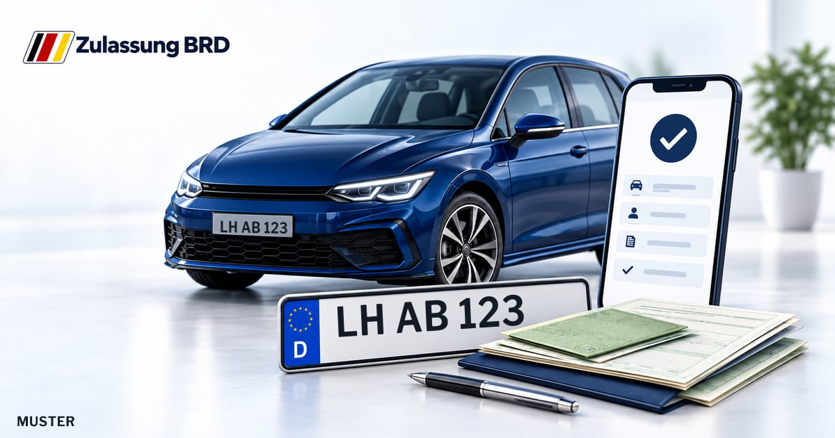 Online Fahrzeugzulassung in Holzwickede: Musterkennzeichen LH AB 123, Auto und Fahrzeugpapiere und Smartphone. Illustration mit Logo von Zulassung BRD.
